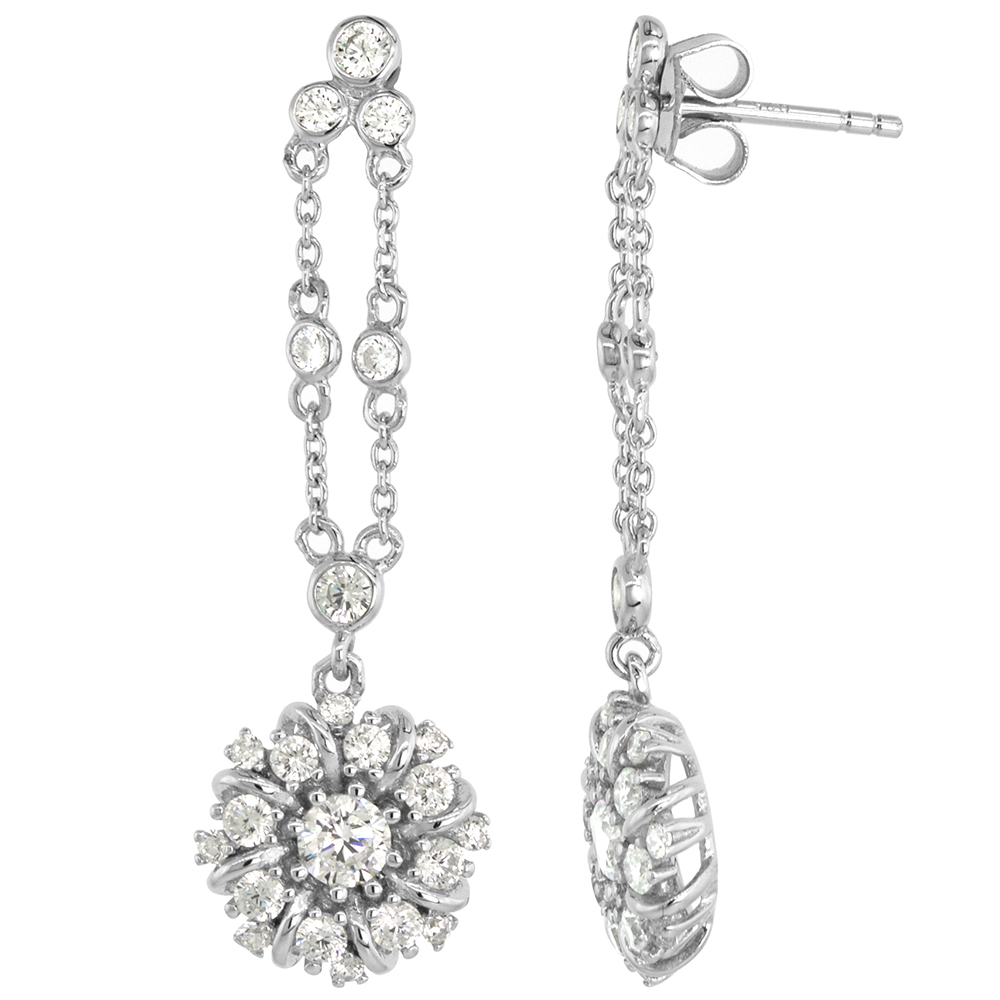 Dainty Sterling Silver CZ Round Dangle Post Cluster Earrings Studs Studs for Women Rhodium Plated 1 5/8 inch (42mm) long