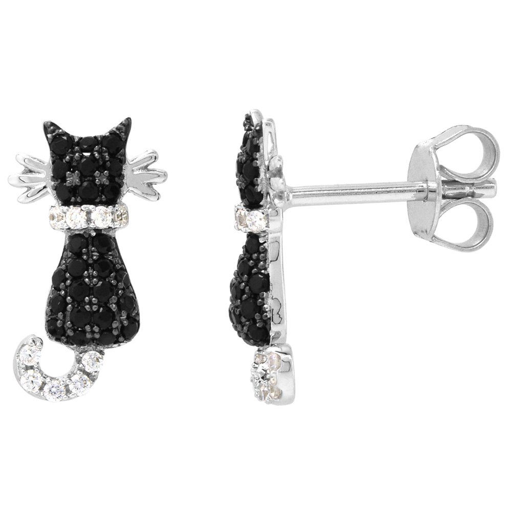 Dainty Sterling Silver Cat Earrings Studs Black CZ Micropave Rhodium Plated  5/8 inch (15mm) wide