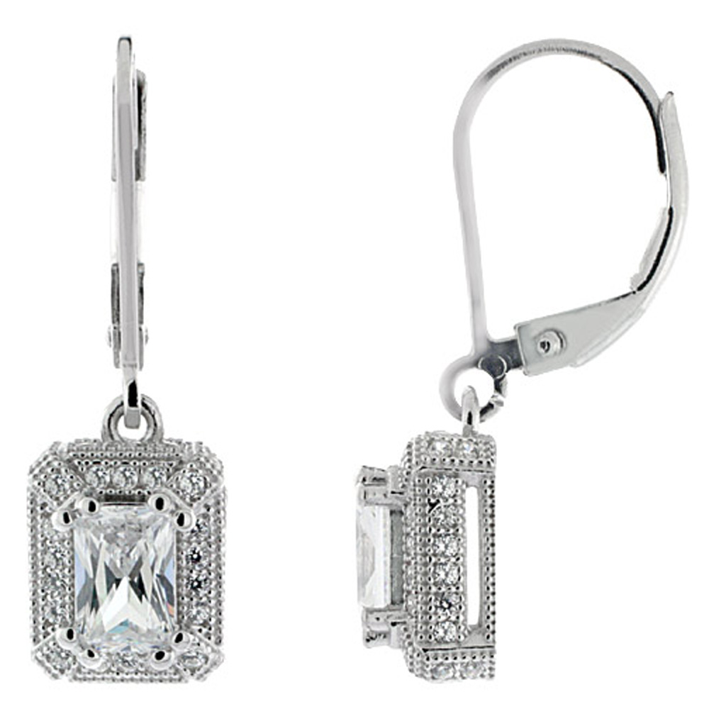 Sterling SiverDangling CZ Earrings Emerald Cut 4x6mm Micro Pave, 3/8 inch long