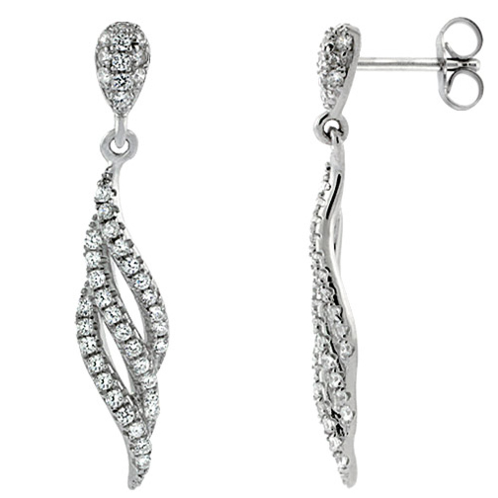 Sterling Silver Triple Swirl Dangling CZ Earrings Micro Pave, 1 3/16 inch long