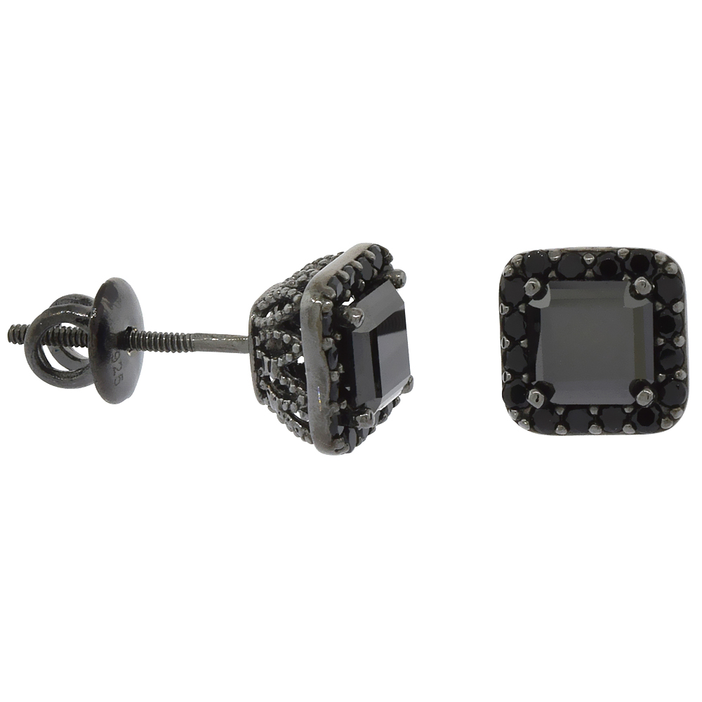 Sterling Silver Cubic Zirconia Princess cut 0.75ct (5mm) Halo Screw back Post Earrings Black Rhodium Finish