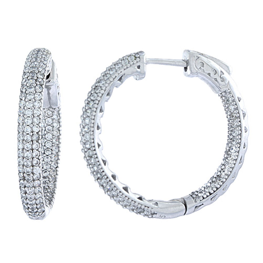 Sterling Silver Micro Pave CZ Inside-Out Hoop Earrings Round Rhodium Finish