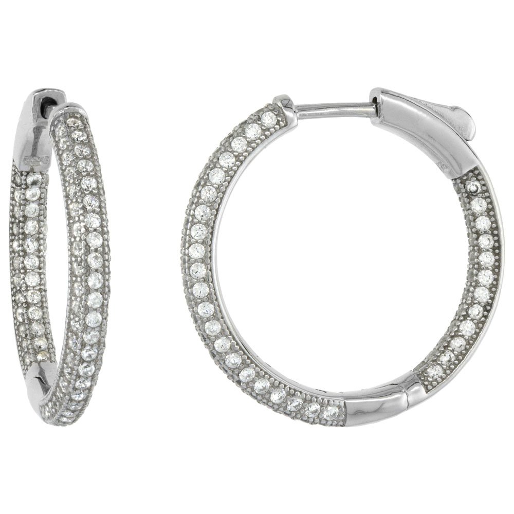 Sterling Silver Micro Pave CZ Inside-Out Round Hoop Earrings Rhodium Finish, 1 inch wide