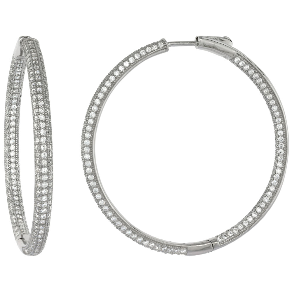 Sterling Silver Micro Pave CZ Inside-Out Round Hoop Earrings Rhodium Finish, 1 3/4 inch wide