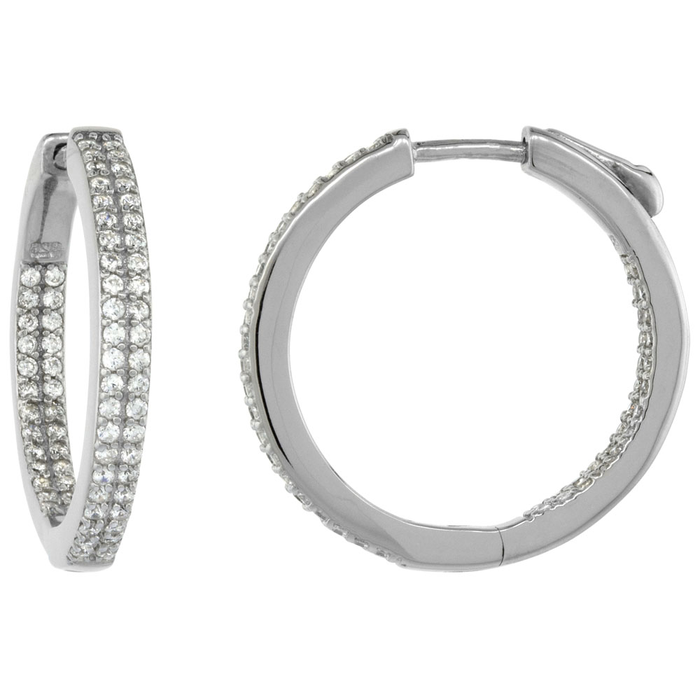 Sterling Silver 2-row Micro Pave CZ Inside-Out Flat Round Hoop Earrings Rhodium Finish, 1 inch wide