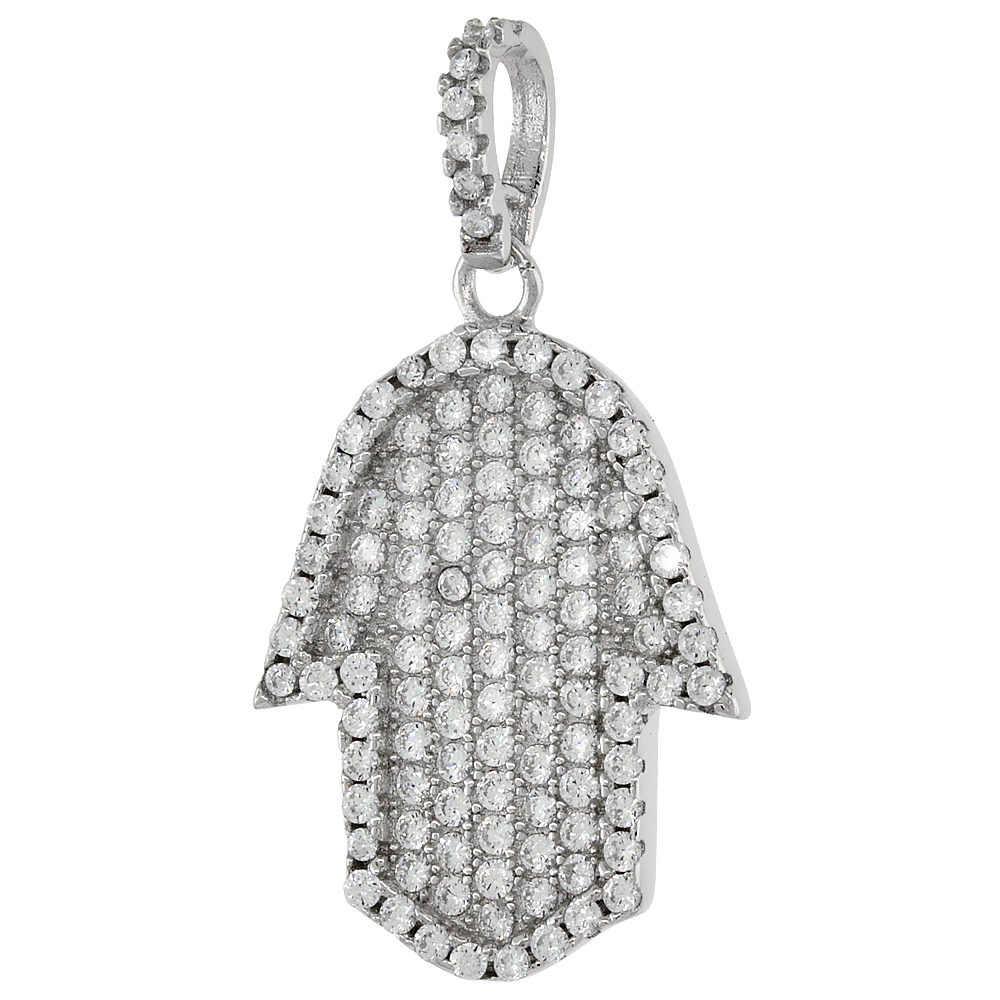 Sterling Silver Cubic Zirconia Hamsa Pendant Micro Pave 3/4 inch tall