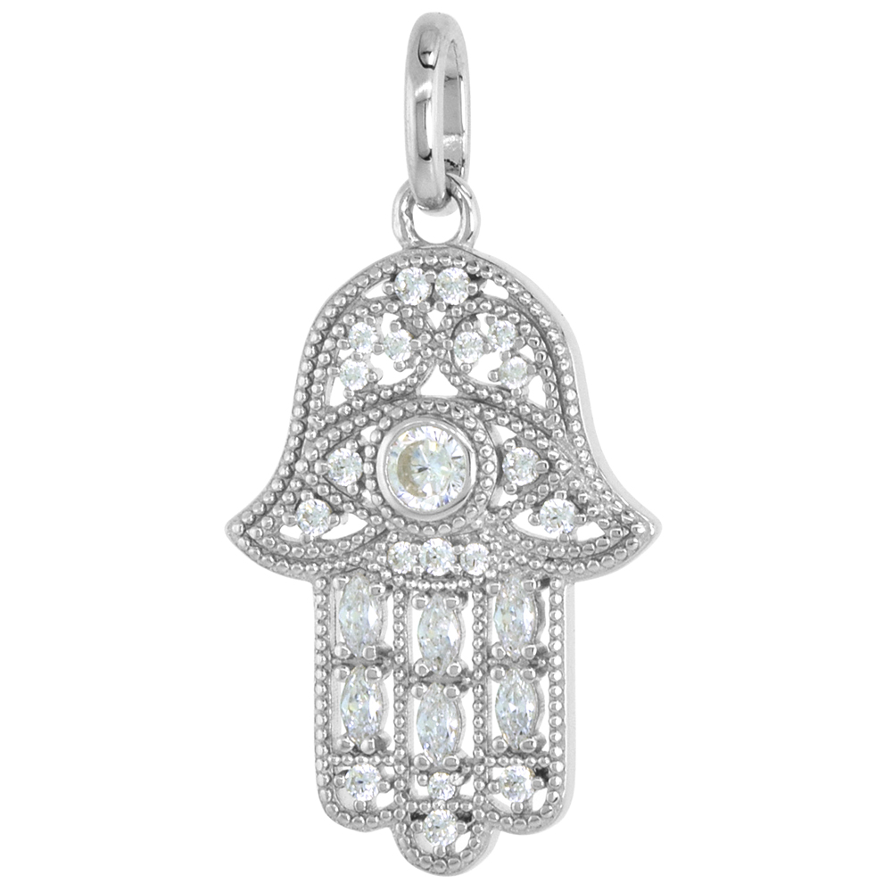 Sterling Silver Cubic Zirconia Hamsa Pendant Micro Pave Rhodium Finish 7/8 inch (23mm) tall