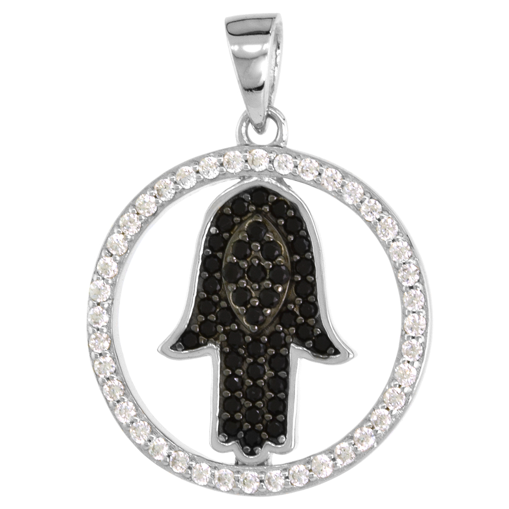 Sterling Silver Micro Pave Black & White CZ Hamsa Pendant for Women 3/4 inch Round