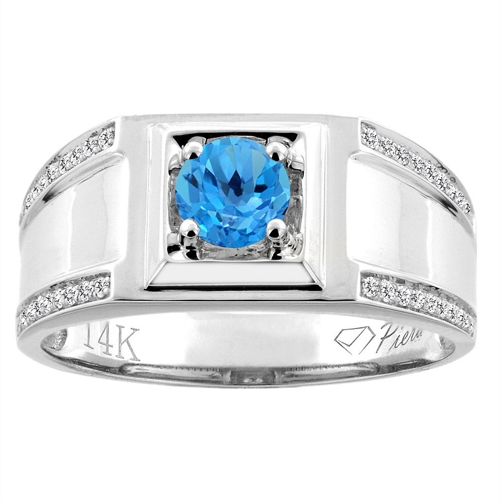 14K White Gold Natural Swiss Blue Topaz Men&#039;s Ring Diamond Accented 3/8 inch wide, sizes 9 - 14