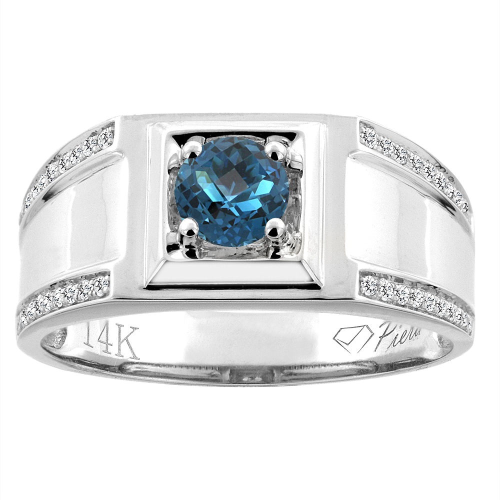 14K White Gold Natural London Blue Topaz Men&#039;s Ring Diamond Accented 3/8 inch wide, sizes 9 - 14
