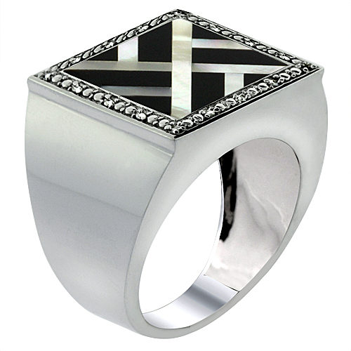 10k White Gold Diamond Natural Onyx & Mother of Pearl Mosaic Ring Square Overlap 9/16 inch wide,size 9-14