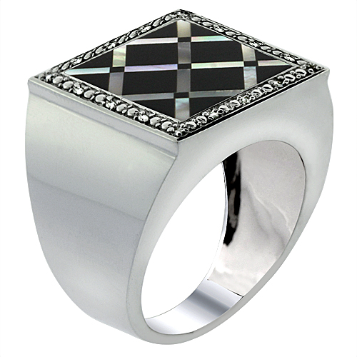 10k White Gold Diamond Natural Onyx & Mother of Pearl Mosaic Ring Criss Cross 9/16 inch wide,size 9-14