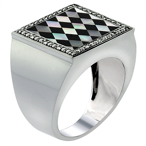 10k White Gold Diamond Natural Onyx & Mother of Pearl Mosaic Ring Square Argyle 9/16 inch wide, size 9-14