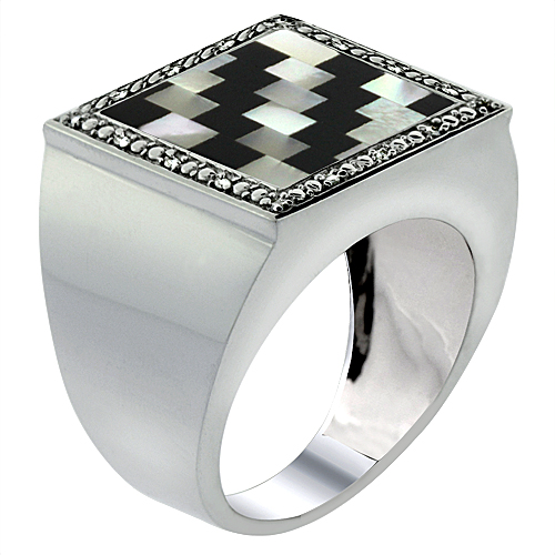 10k White Gold Diamond Natural Onyx & Mother of Pearl Mosaic Ring Jagged Stripe 9/16 inch wide,size 9-14