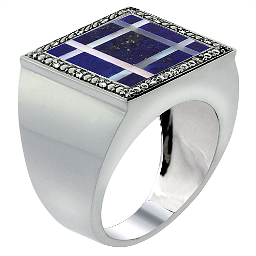 10k White Gold Diamond Natural Lapis & Mother of Pearl Mosaic Ring Square Grid 9/16 inch wide, size 9-14