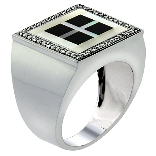 10k White Gold Diamond Natural 4-Square Onyx & Mother of Pearl Mosaic Ring Square 9/16 inch wide,size9-14