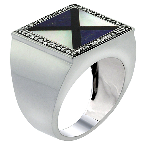 10k White Gold Diamond Natural Onyx, Lapis & Mother of Pearl Mosaic Ring Trilateral 9/16 inch, size 9-14