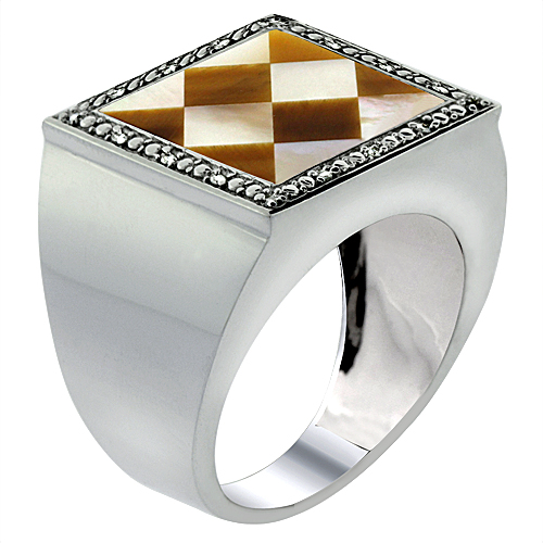 10k White Gold Diamond Natural Tiger Eye & Mother of Pearl Mosaic Ring Argyle 9/16 inch wide,size 9-14