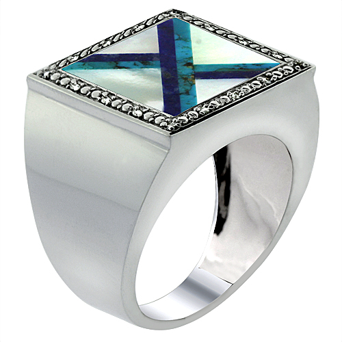 10k White Gold Diamond Natural Mother of Pearl, Lapis & Turquoise Mosaic Ring 9/16 inch wide,size 9-14