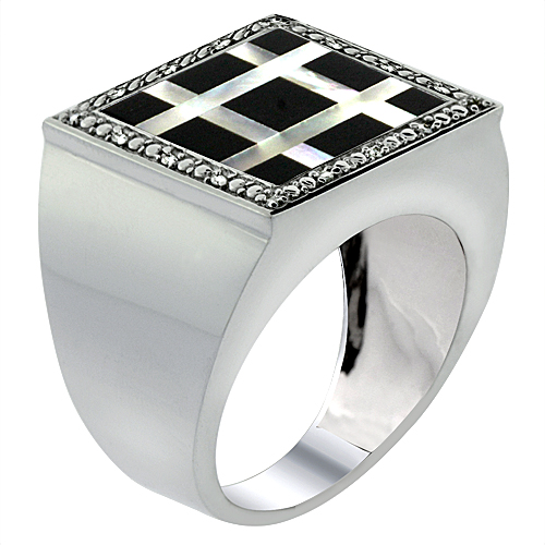 10k White Gold Diamond Natural Onyx & Mother of Pearl Mosaic Ring Small Grid 9/16 inch wide,size 9-14