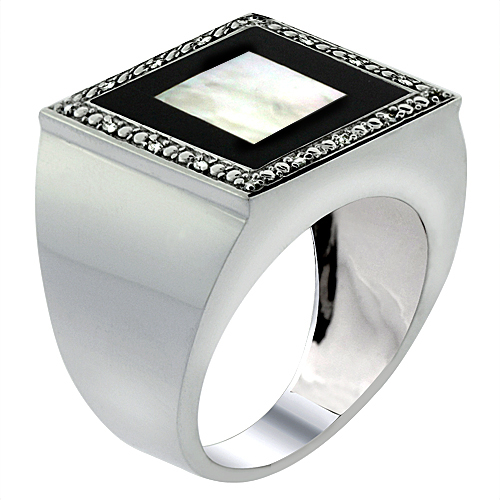 10k White Gold Diamond Natural Mother of Pearl on Onyx Mosaic Ring Square 9/16 inch wide, size 9-14