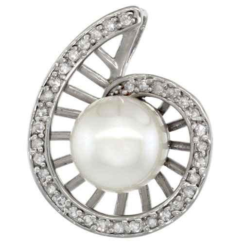 14k White Gold 18 in. Thin Chain &amp; Swirl Pearl Pendant w/ 0.19 Carat Brilliant Cut ( H-I Color; VS2-SI1 Clarity ) Diamonds &amp; 9mm White Pearl