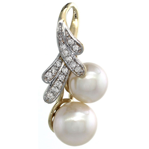 14k Gold 18 in. Thin Chain &amp; Ribbon Pearl Pendant w/ 0.14 Carat Brilliant Cut ( H-I Color; VS2-SI1 Clarity ) Diamonds &amp; 8mm White Pearl