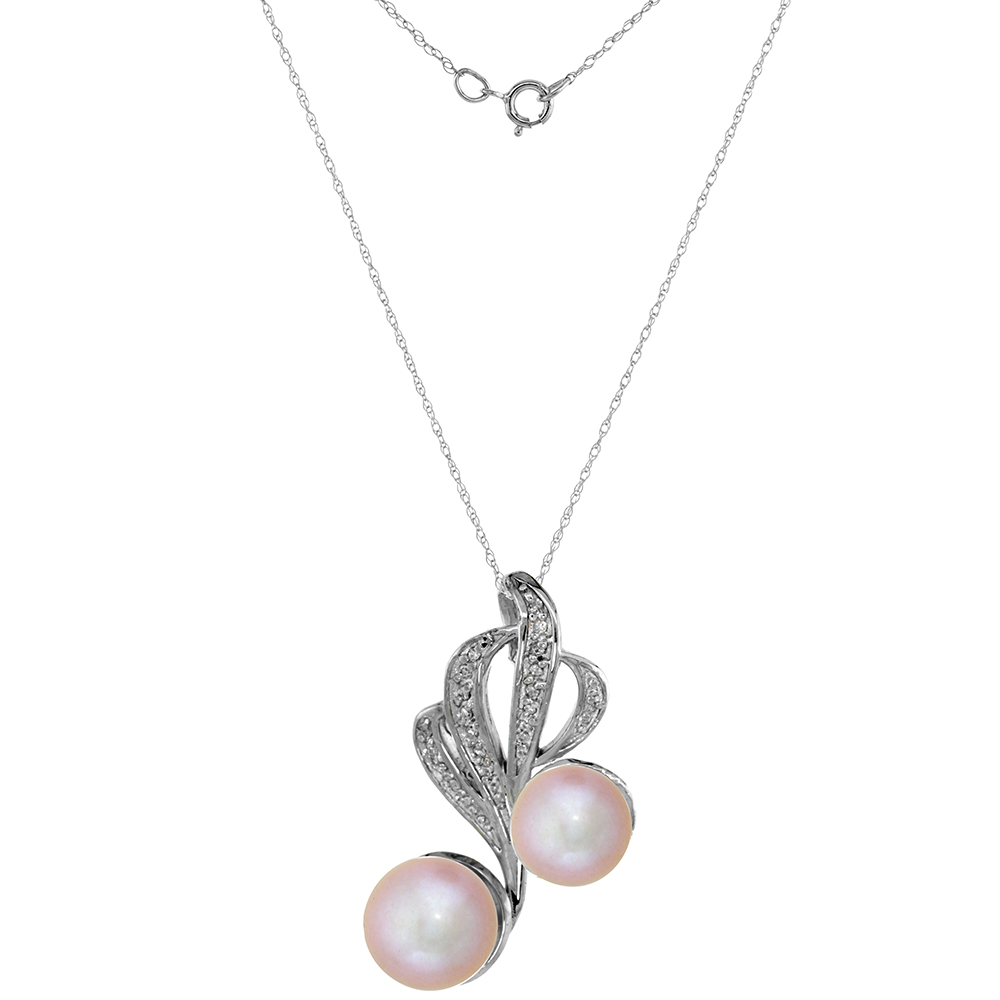 14k White Gold Diamond 9mm &amp; 11mm Pink Pearl Necklace 0.23 ct Round Brilliant cut, 18 inch long