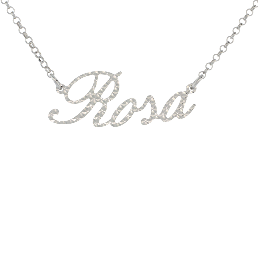 Sterling Silver Name Necklace Rosa Diamond Cut Platinum Coated Italy, about 3/4 Inch wide 16 inches + 2 inch extension