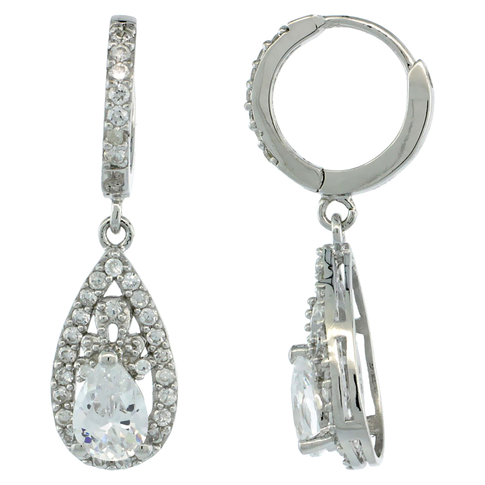 Sterling Silver Teardrop Dangle Earrings w/ Brilliant Cut CZ Stones, 1 3/16 in. (30 mm) tall