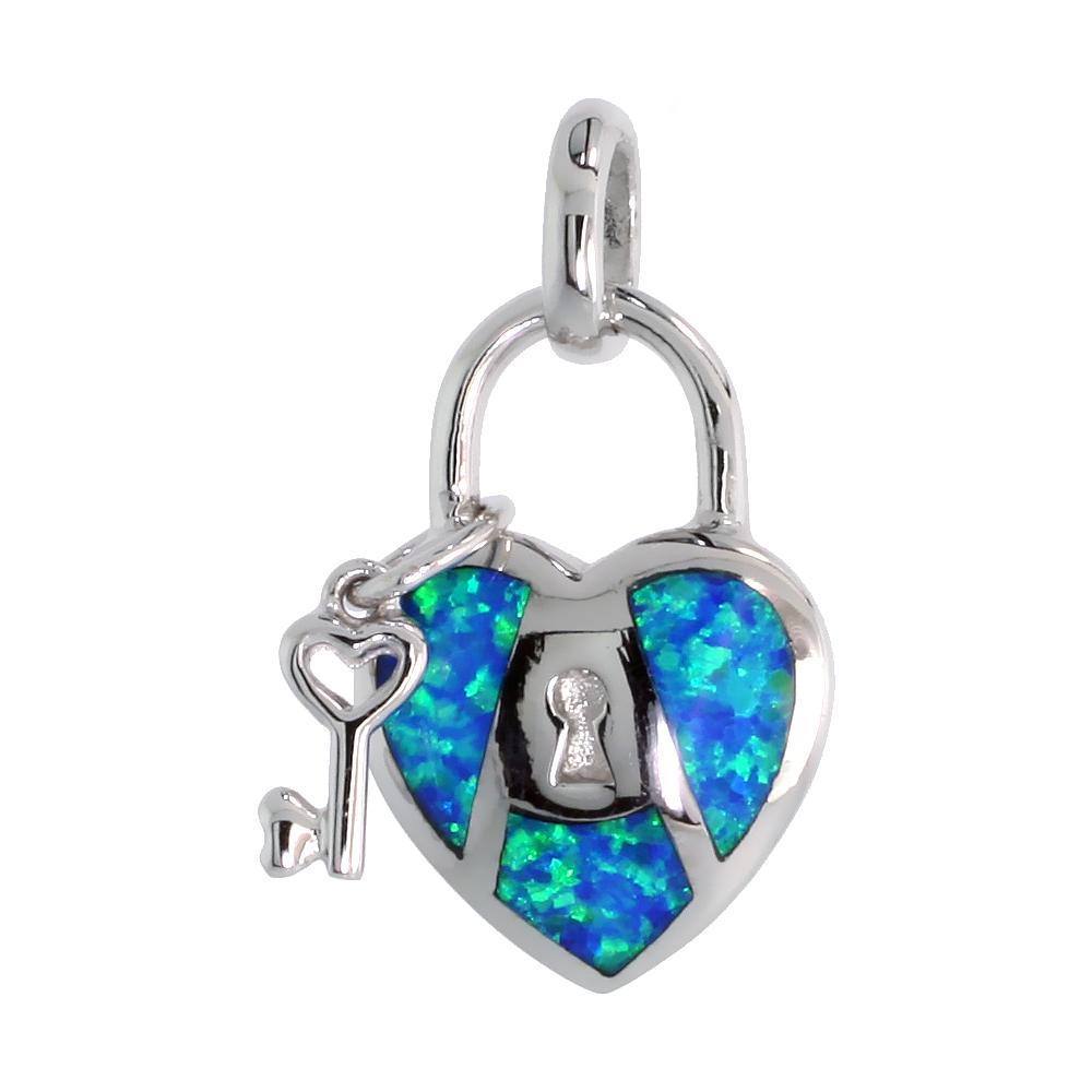 Sterling Silver Synthetic Opal Key to My Heart Pendant for Women Hand Inlay 3/4 inch