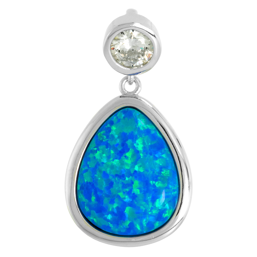 Sterling Silver Synthetic 14x1Teardrop Cabochon Opal Pendant Women CZ Bale Back 11/16 inch w/ NO Chain