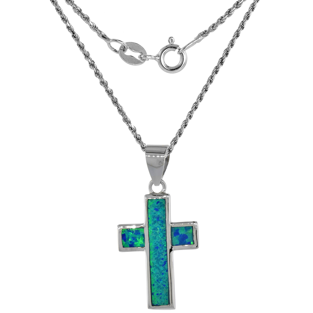 Sterling Silver Synthetic Opal Cross Necklace for Women Hand Inlay 3/4 inch