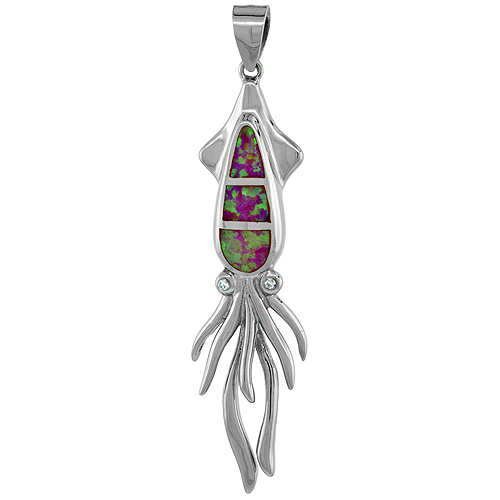 Sterling Silver Synthetic Pink Opal Squid Pendant Hand Inlay Cubic Zirconia Accent1 7/8 inch tall