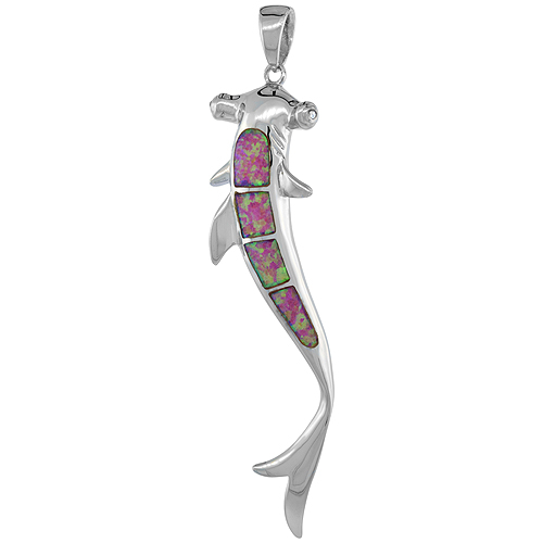 Sterling Silver Synthetic Pink Opal Hammerhead Shark Pendant Hand Inlay Cubic Zirconia Accent 2 inch