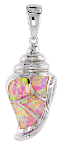 Sterling Silver Synthetic Pink Opal Conch Shell Pendant Hand Inlay Cubic Zirconia Accent 1 1/8 inch tall