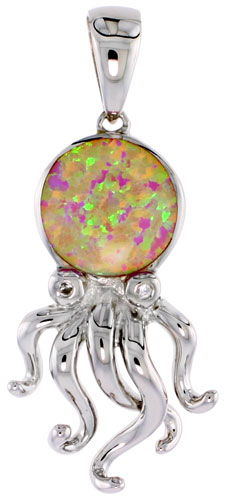 Sterling Silver Synthetic Pink Opal Octopus Pendant Hand Inlay Cubic Zirconia Accent 1 1/4 inch tall