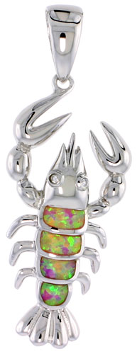 Sterling Silver Synthetic Pink Opal Lobster Pendant Hand Inlay Cubic Zirconia Accent 1 3/8 inch tall