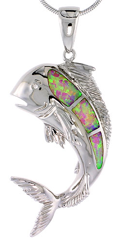 Sterling Silver Synthetic Pink Opal Mahi-Mahi Pendant Hand Inlay Cubic Zirconia Accent 1 3/8 inch tall