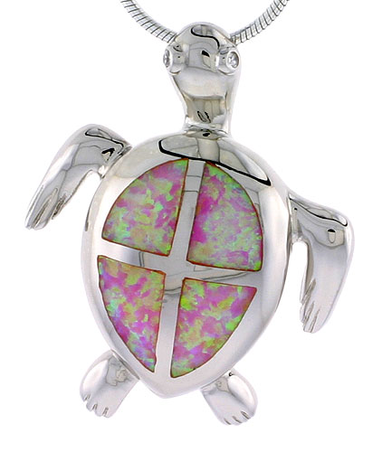 Sterling Silver Synthetic Pink Opal Hawaiian Sea Turtle Pendant Cubic Zirconia Accent 1 3/16 inch