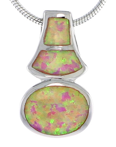 Sterling Silver Synthetic Pink Opal Oval Slide Pendant for Women Hand Inlay 11/16 inch tall