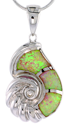 Sterling Silver Synthetic Pink Opal Seashell Pendant Hand Inlay Cubic Zirconia Accent 1 1/8 inch tall