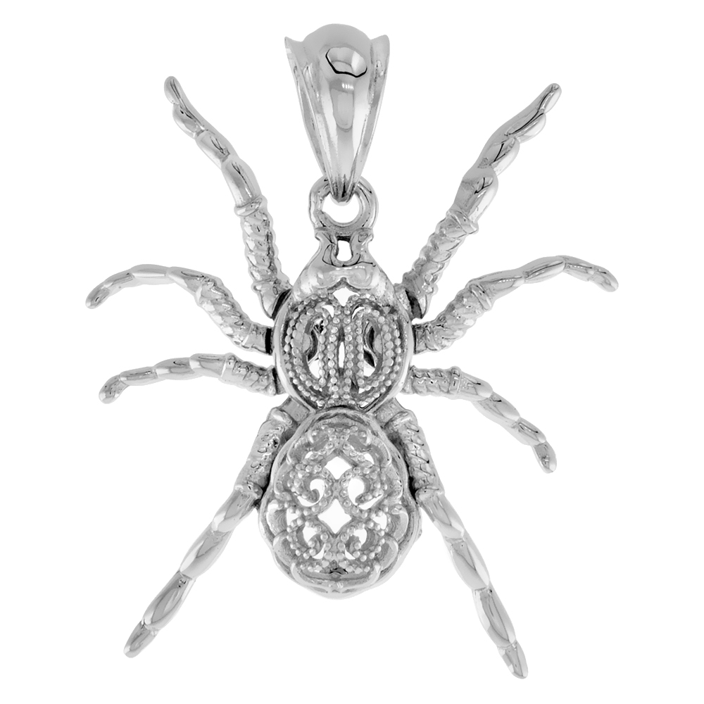 Sterling Silver Textured Filigree Spider Pendant for Women with Articulating Limbs Rhodium Finish 1 inch tall