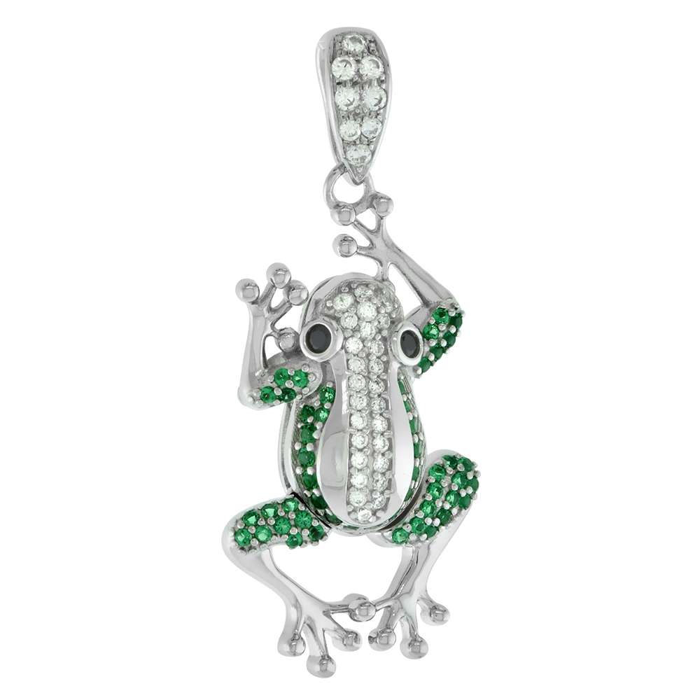 Small Sterling Silver Micropave Green & White CZ Frog Pendant for Women with Articulating Limbs Rhodium Finish 1 1/8 inch tall