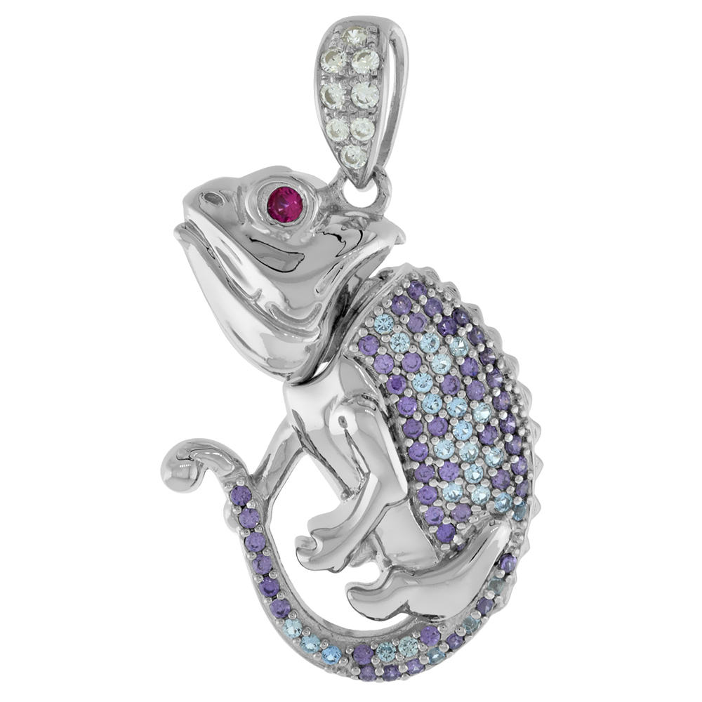 Large Sterling Silver Micropave CZ Blue & Purple Chameleon Pendant for Women with Red Eye Articulating Head Rhodium Finish 1 1/8 inch tall