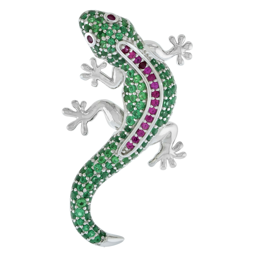 Sterling Silver Micropave CZ Red & Green Gecko Pendant for Women with Red Eyes Articulating Limbs Rhodium Finish 1 1/4 inch tall