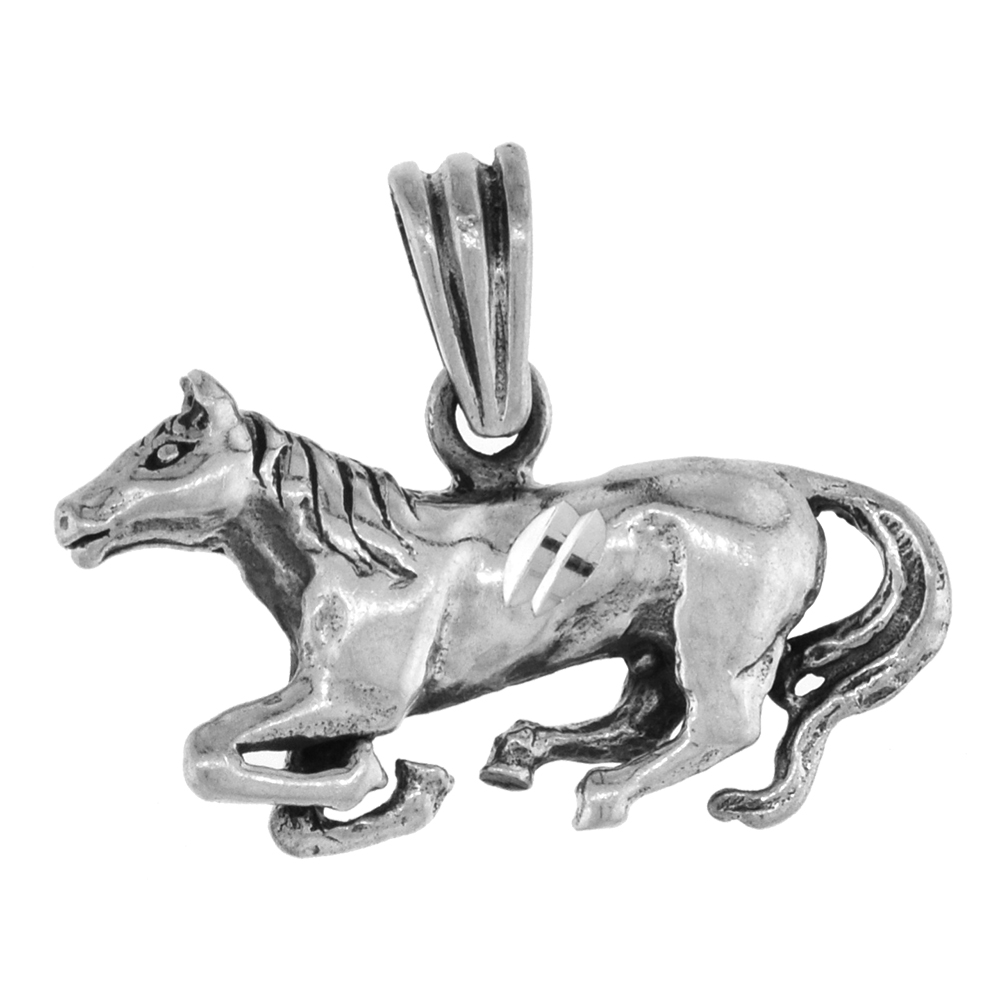 Small 3/4 inch Sterling Silver Lying Down Horse Necklace for Women 3-D Diamond-Cut Oxidized finish available with or without cha