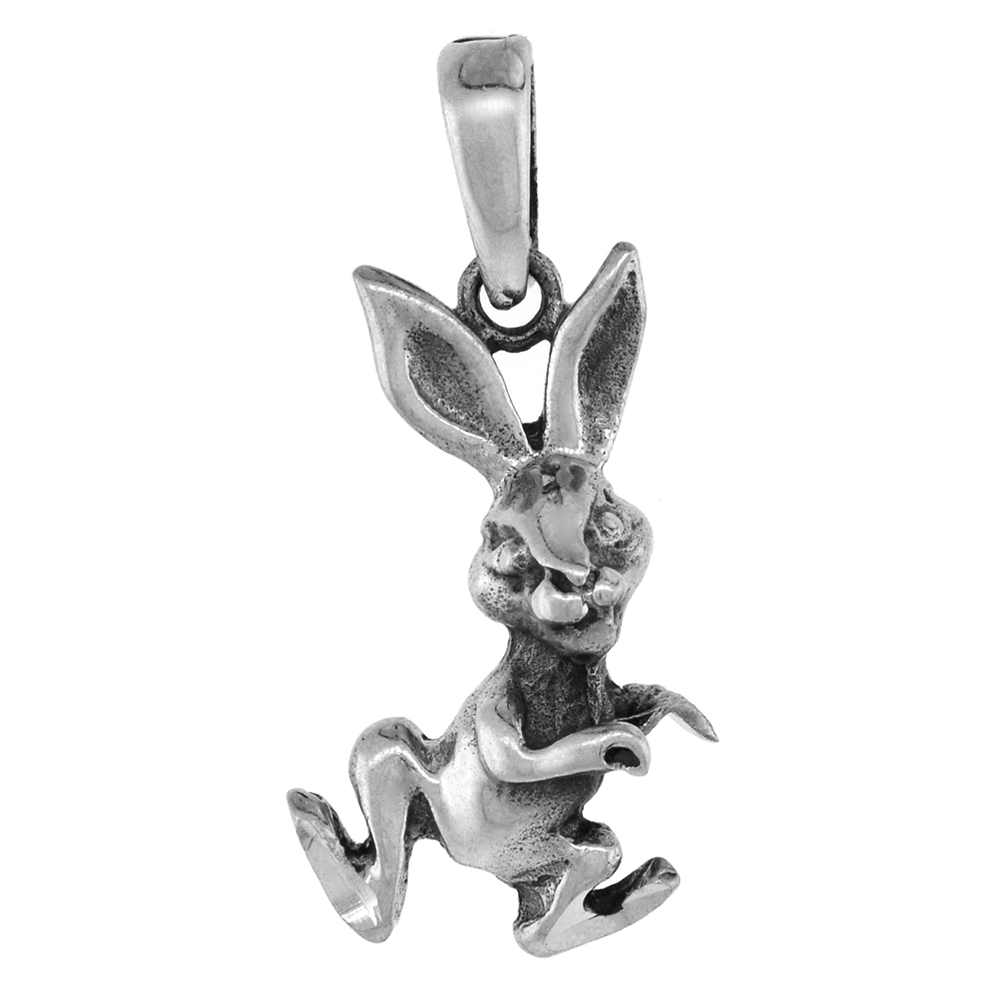 1 1/8 inch Sterling Silver Dancing Rabbit Necklace Diamond-Cut Oxidized finish available with or without chain