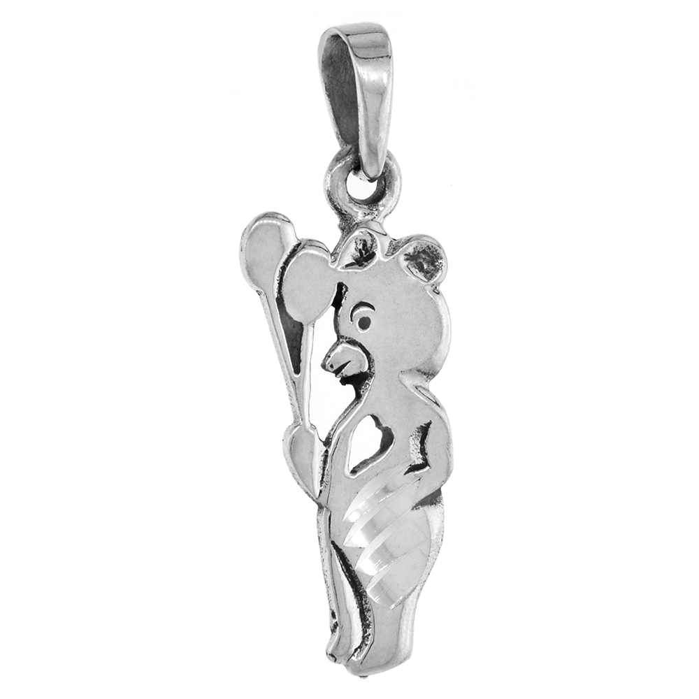 1 3/8 inch Sterling Silver Circus Bear with Balloons Necklace for Women Diamond-Cut Oxidized finish available with or without ch