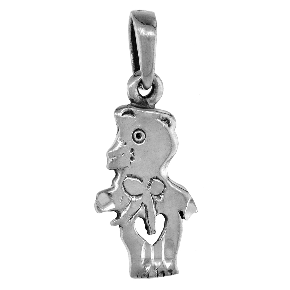 1 1/4 inch Sterling Silver Teddy Bear Necklace with Heart Cut-out for Women Diamond-Cut Oxidized finish available with or withou